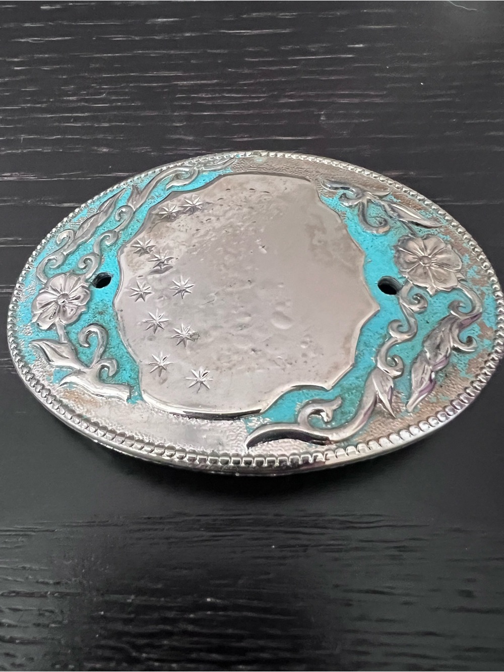 Source Unknown Turquoise and Silver Floral Oval Belt Buckle